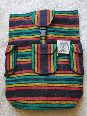 Baja Joe Multicolor Striped Canvas Backpack - Black, Green, Red, Yellow